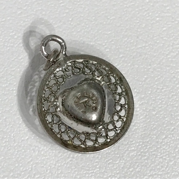 Artisan Signed R Sterling Silver Filigree Dainty Heart Paste Rhinestone Pendant - Picture 9 of 14